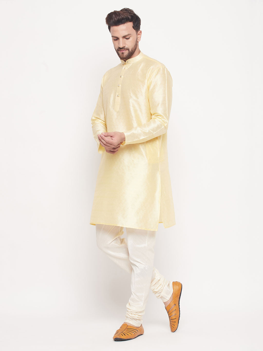 Men's Beige Silk Blend Straight Kurta Pyjama Set