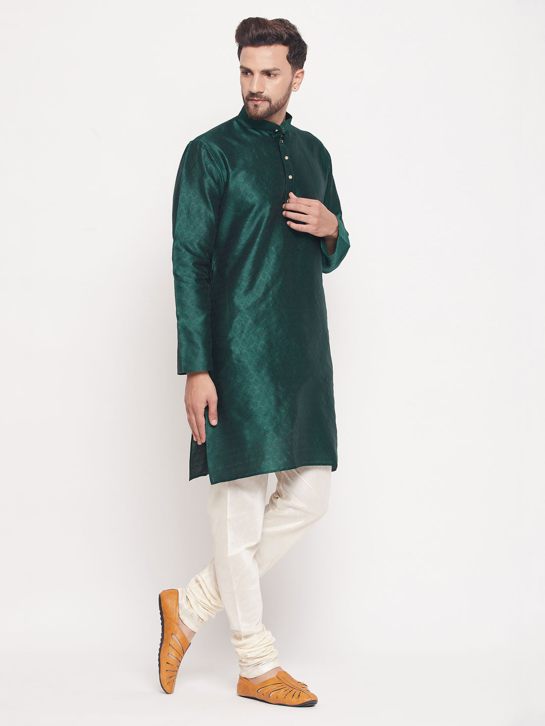 Men's Green Silk Blend Straight Kurta Pyjama Set