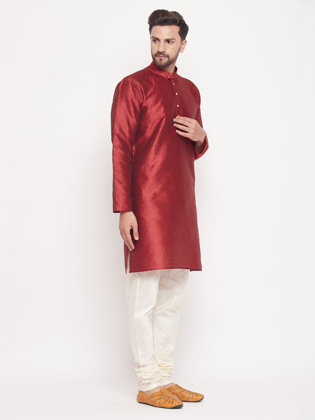 Men's Maroon Silk Blend Straight Kurta Pyjama Set