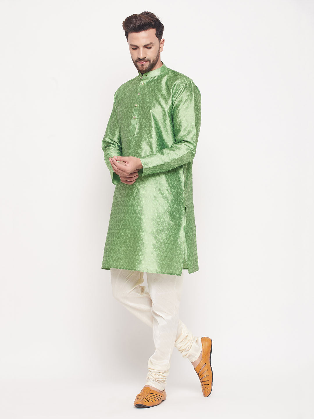 Men's Mint Green Silk Blend Straight Kurta Pyjama Set