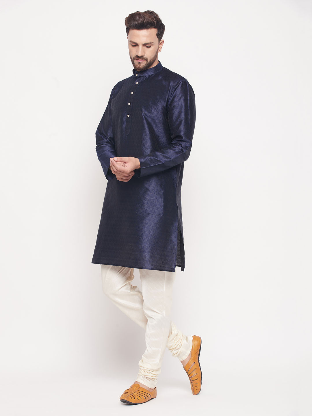 Men's Navy Blue Silk Blend Straight Kurta Pyjama Set