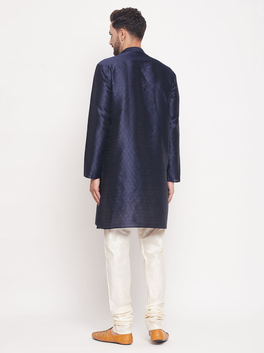 Men's Navy Blue Silk Blend Straight Kurta Pyjama Set