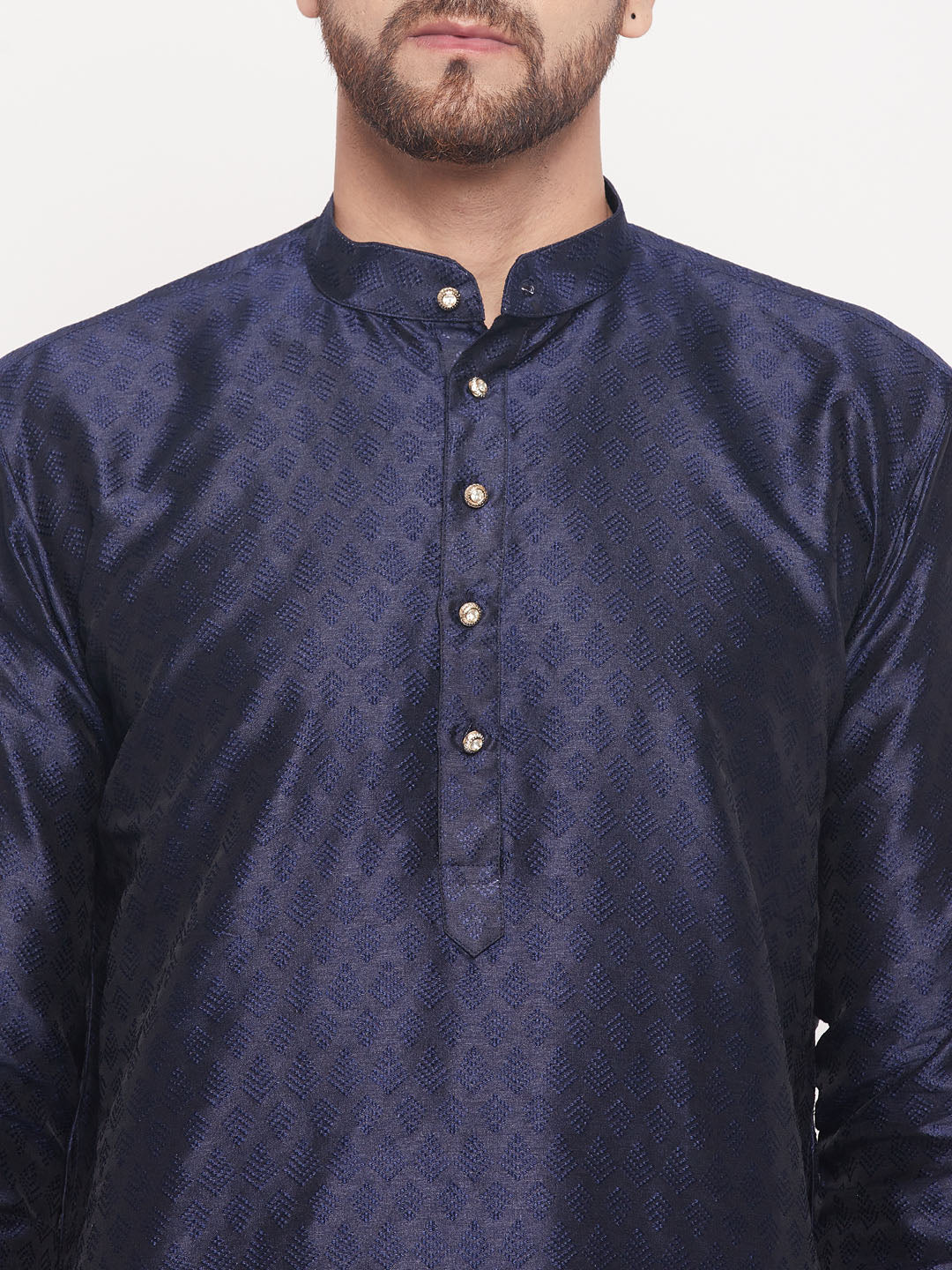 Men's Navy Blue Silk Blend Straight Kurta Pyjama Set