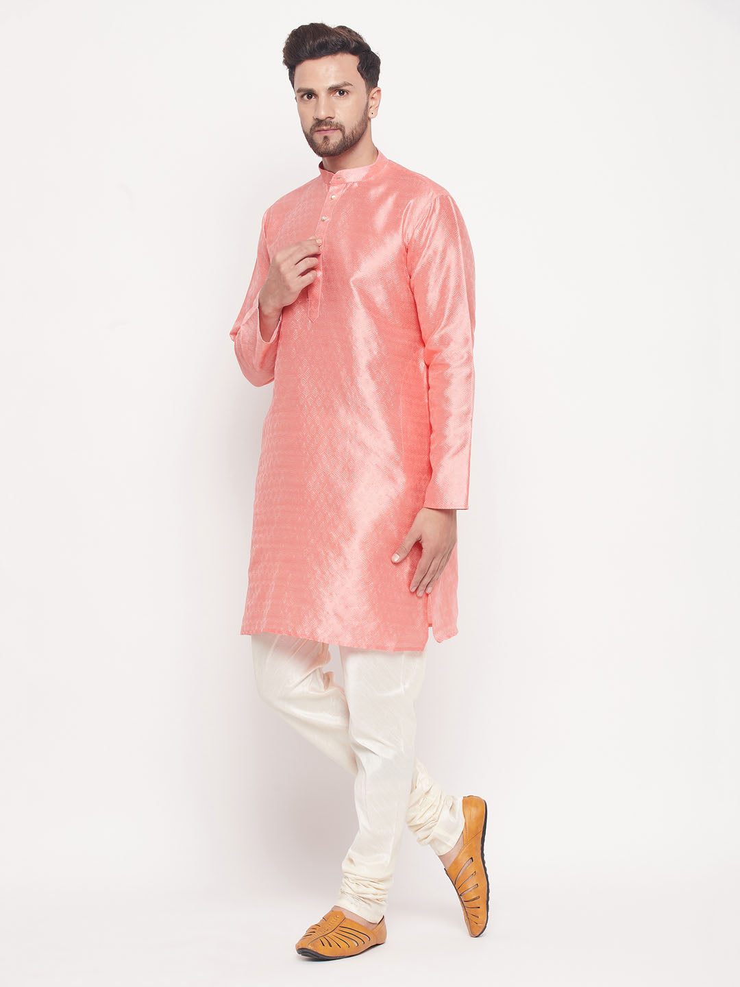 Men's Pink Silk Blend Straight Kurta Pyjama Set