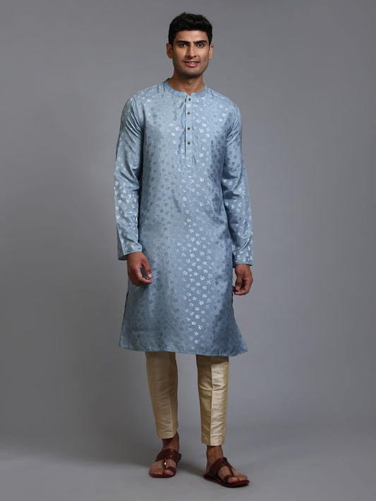Men's Grey Silk Blend Straight Kurta Pyjama Set