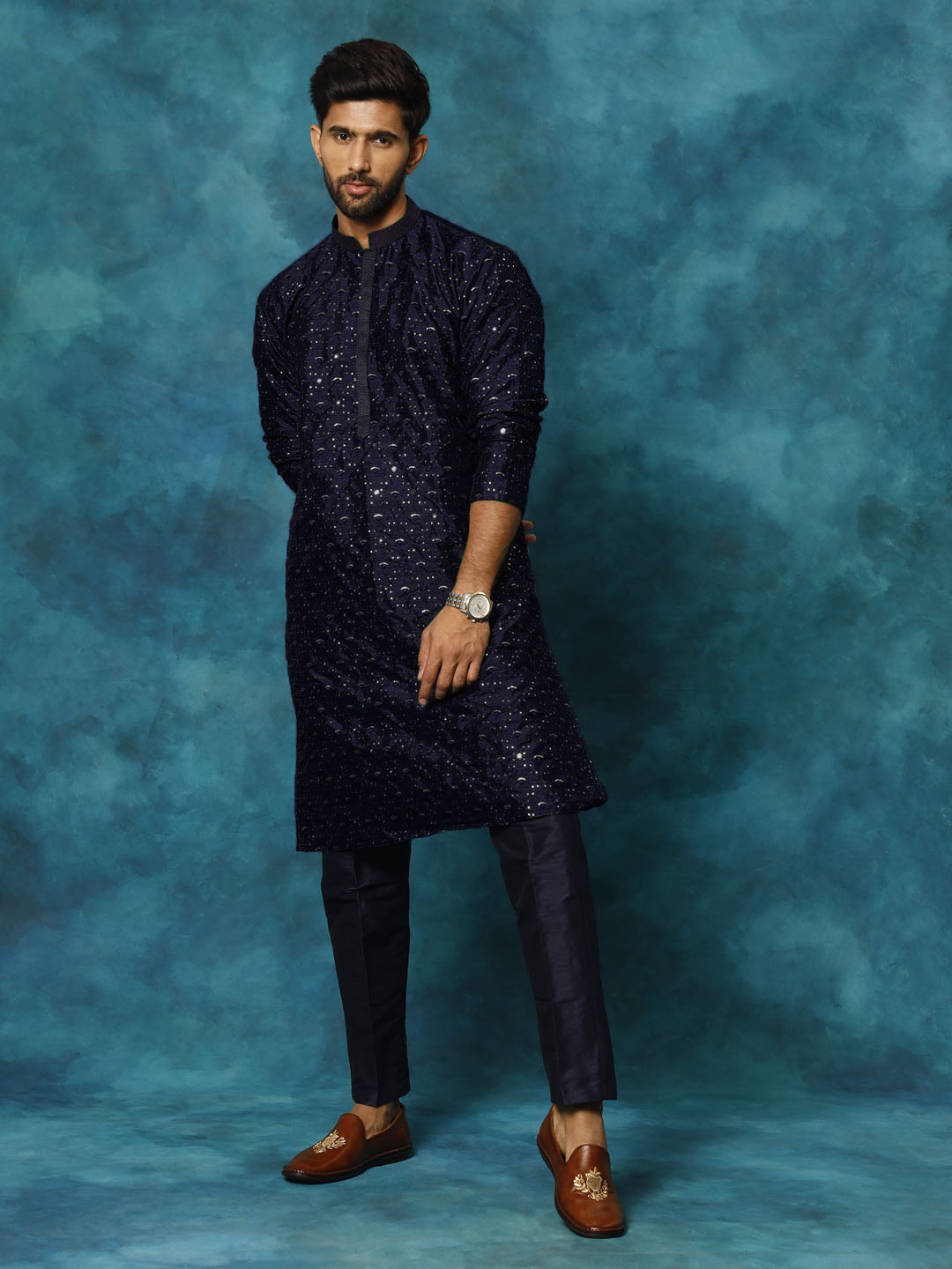 Men's Navy Blue Silk Blend Straight Kurta Pyjama Set