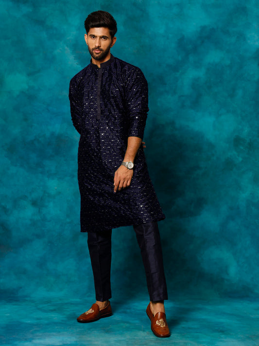 Men's Navy Blue Silk Blend Straight Kurta Pyjama Set