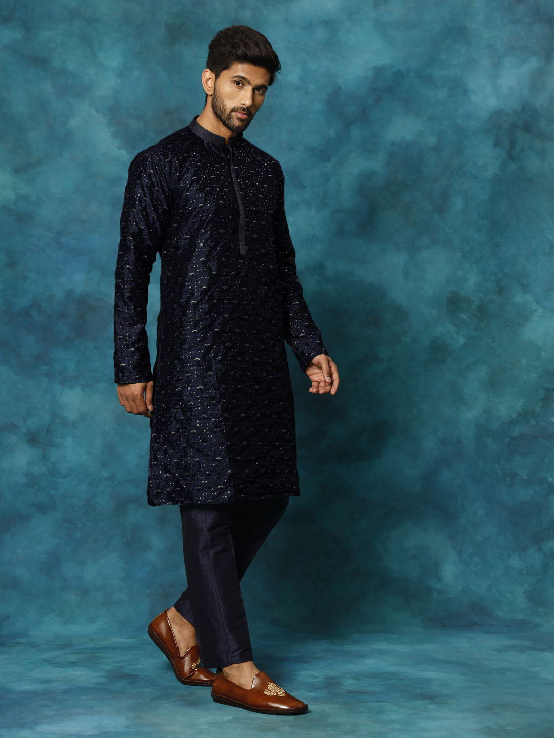 Men's Navy Blue Silk Blend Straight Kurta Pyjama Set
