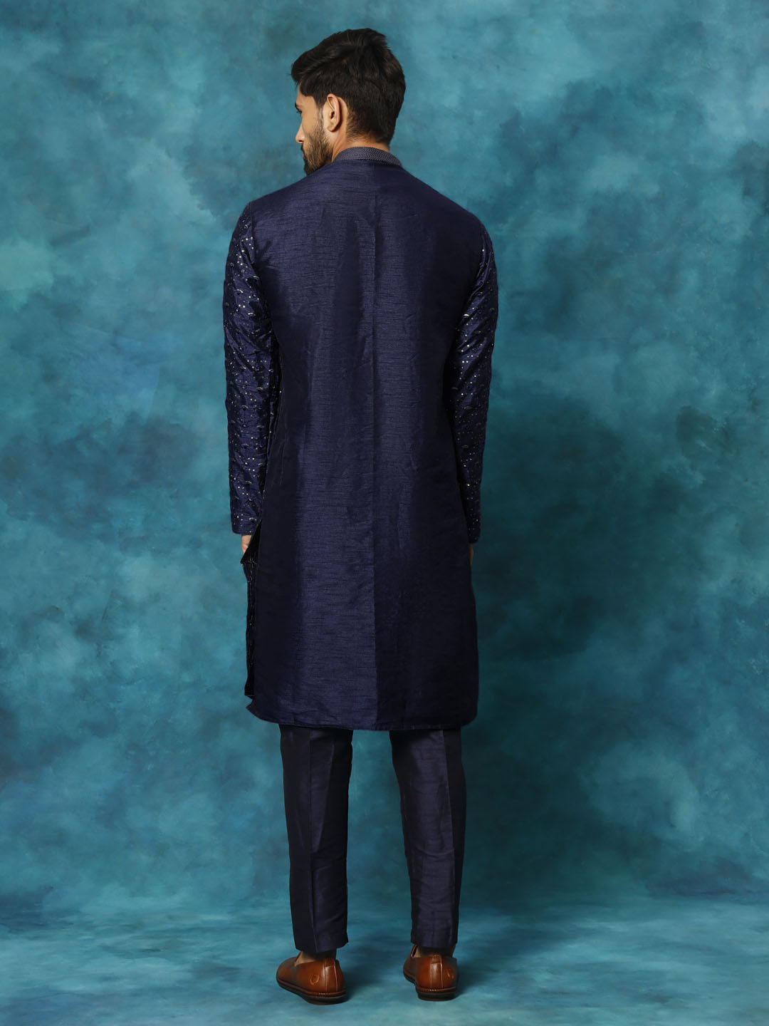 Men's Navy Blue Silk Blend Straight Kurta Pyjama Set