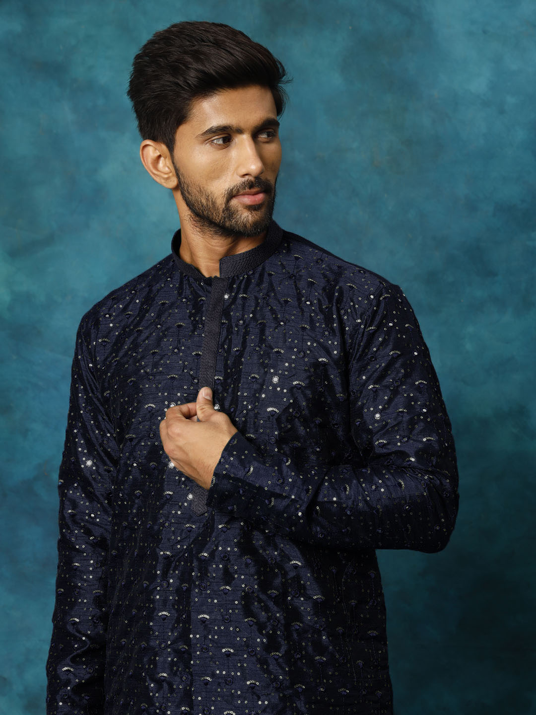 Men's Navy Blue Silk Blend Straight Kurta Pyjama Set