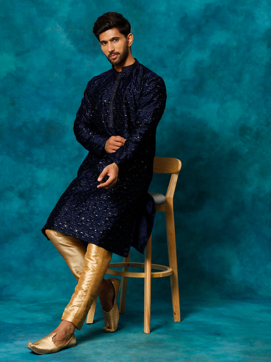 Men's Navy Blue Silk Blend Straight Kurta Pyjama Set