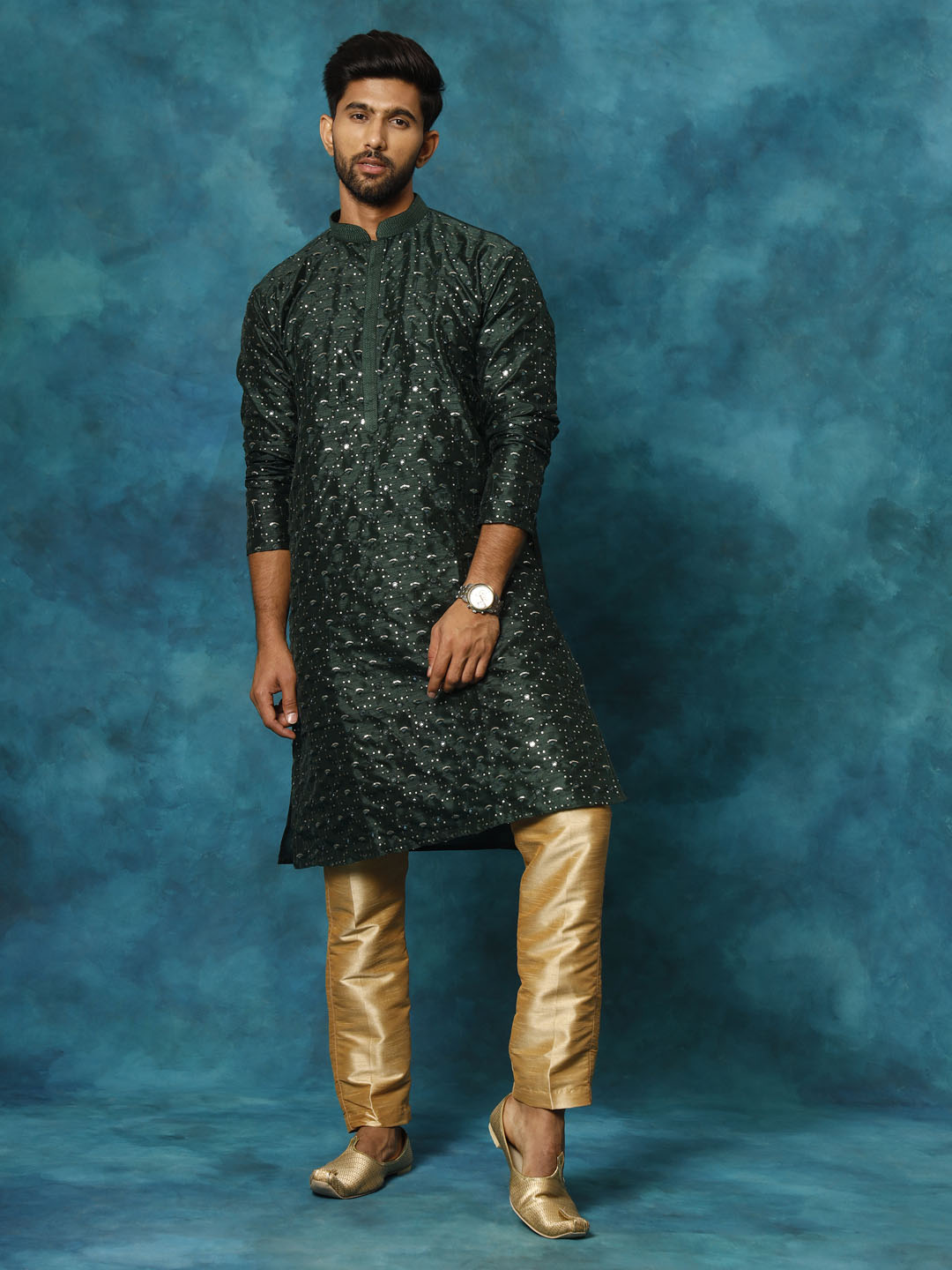 Men's Green Silk Blend Straight Kurta Pyjama Set
