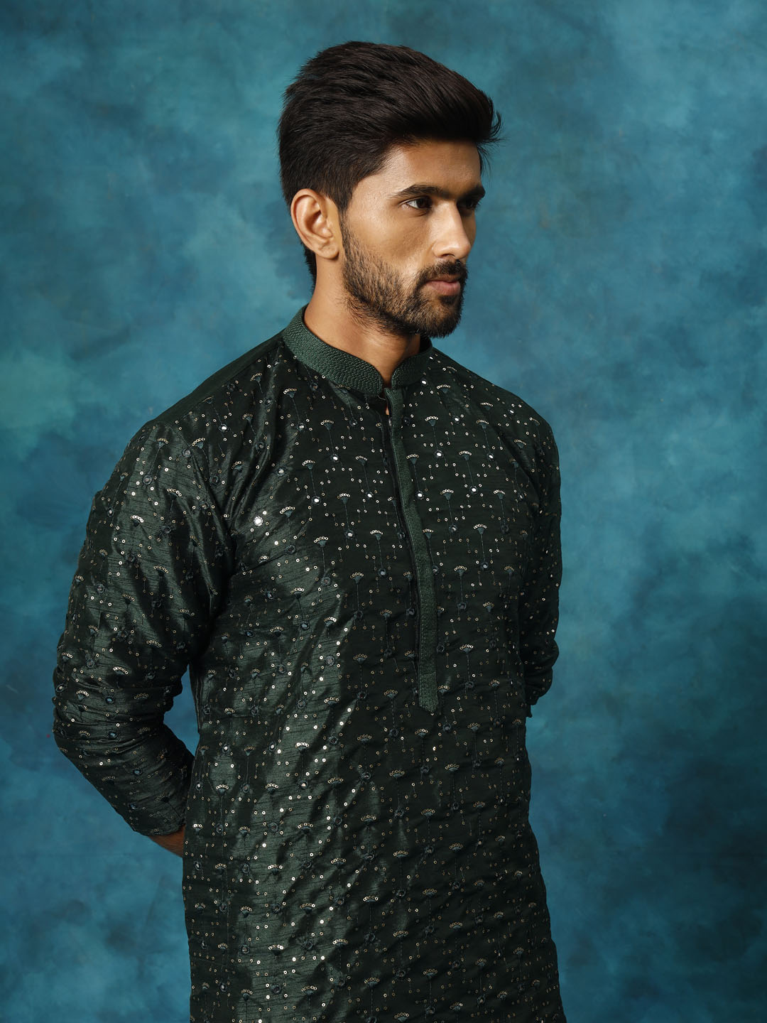 Men's Green Silk Blend Straight Kurta Pyjama Set