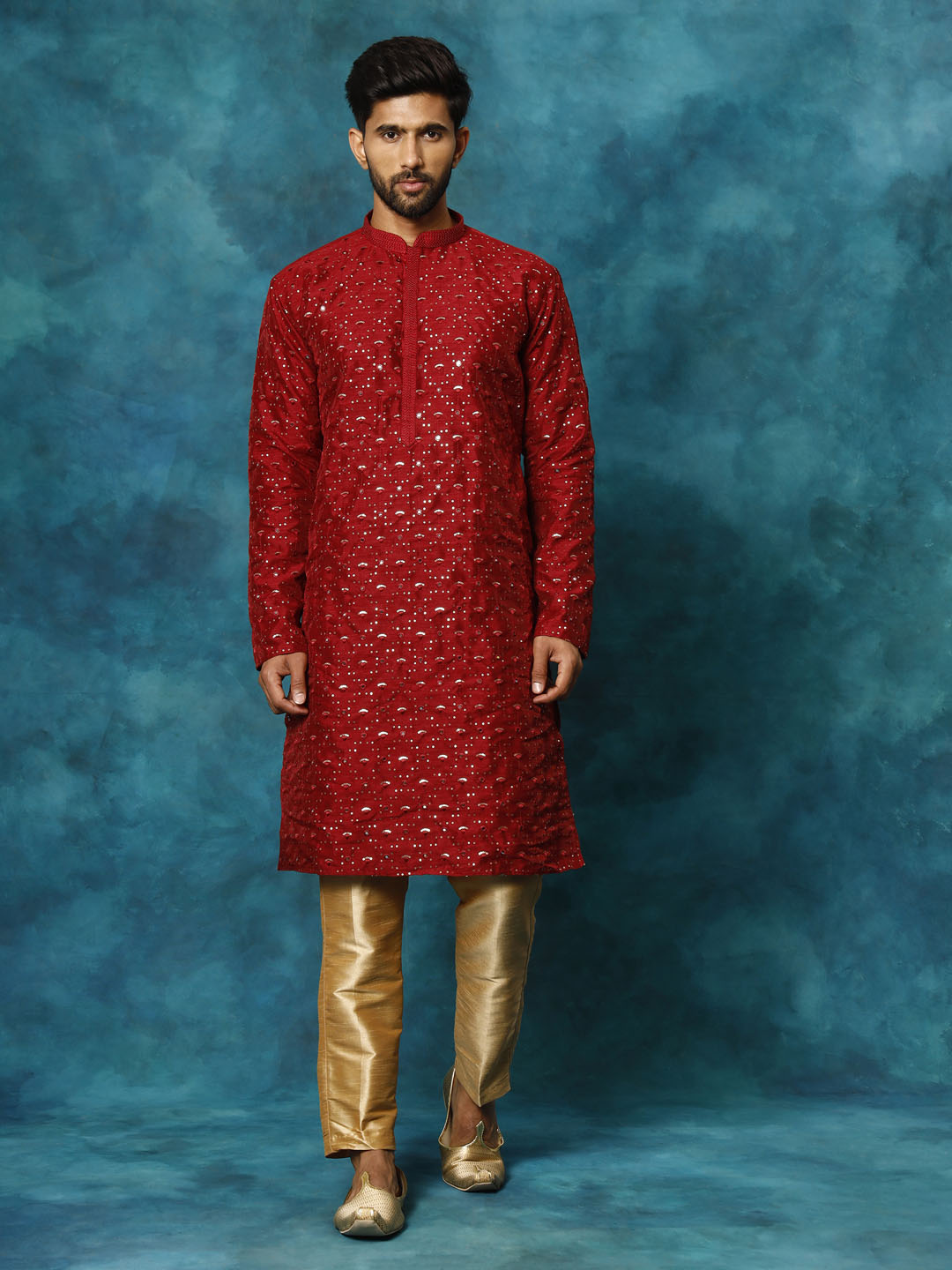 Men's Maroon Silk Blend Straight Kurta Pyjama Set