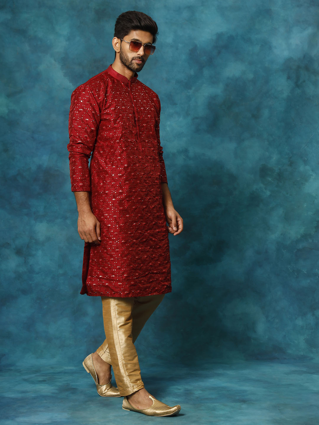 Men's Maroon Silk Blend Straight Kurta Pyjama Set