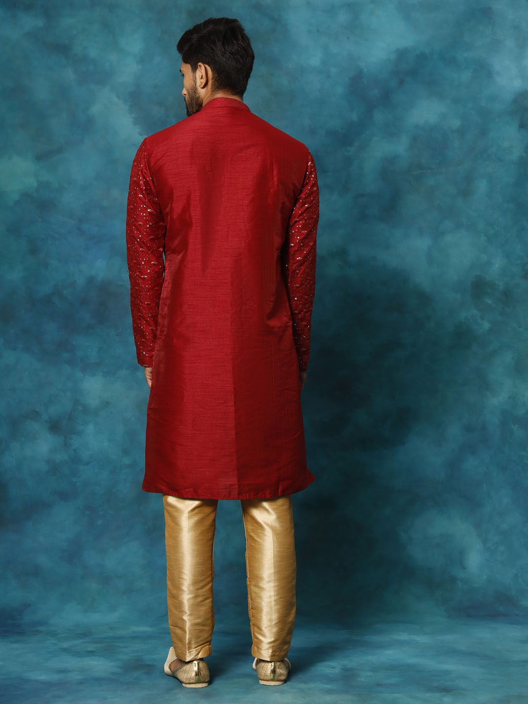 Men's Maroon Silk Blend Straight Kurta Pyjama Set