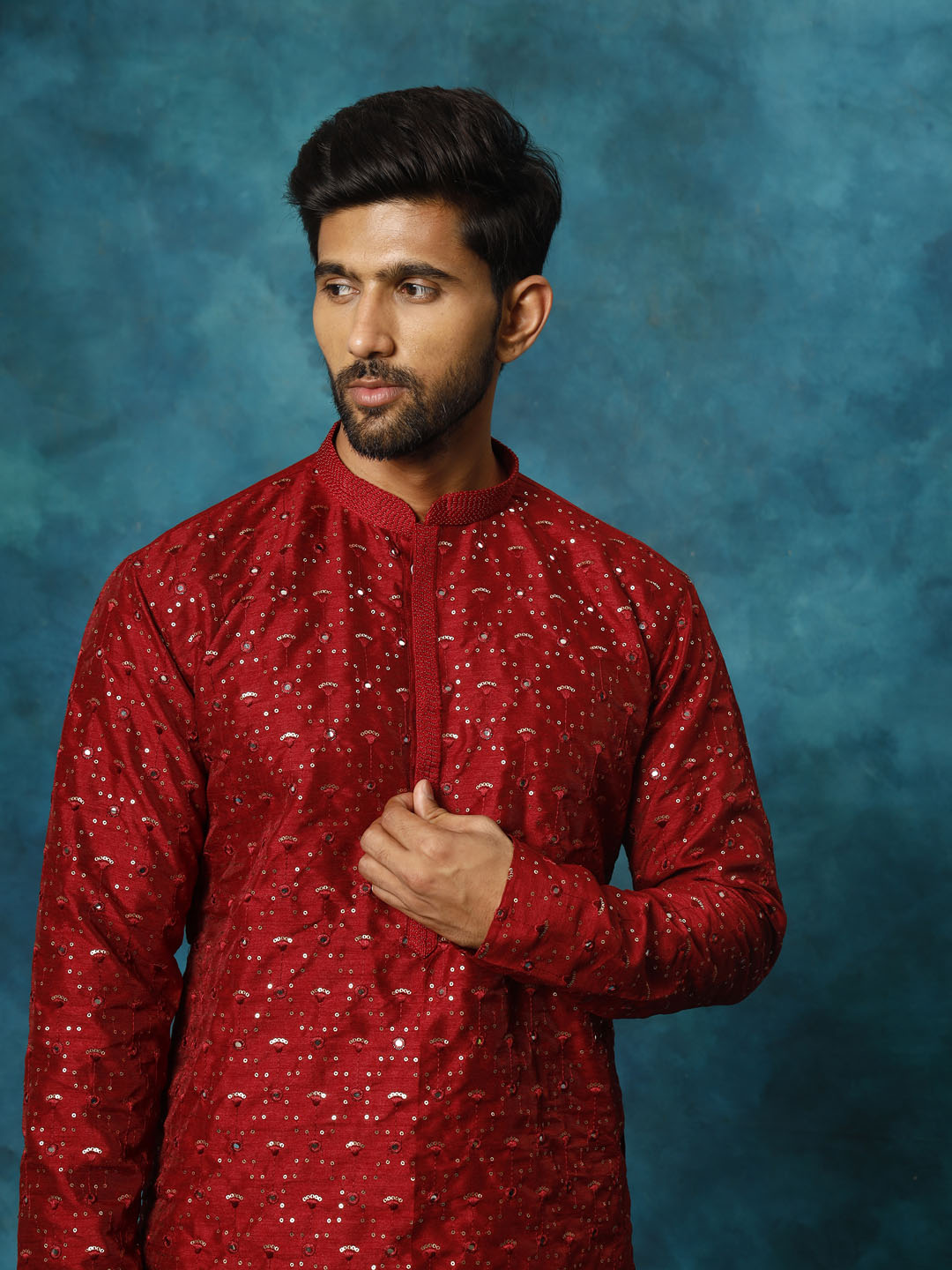 Men's Maroon Silk Blend Straight Kurta Pyjama Set