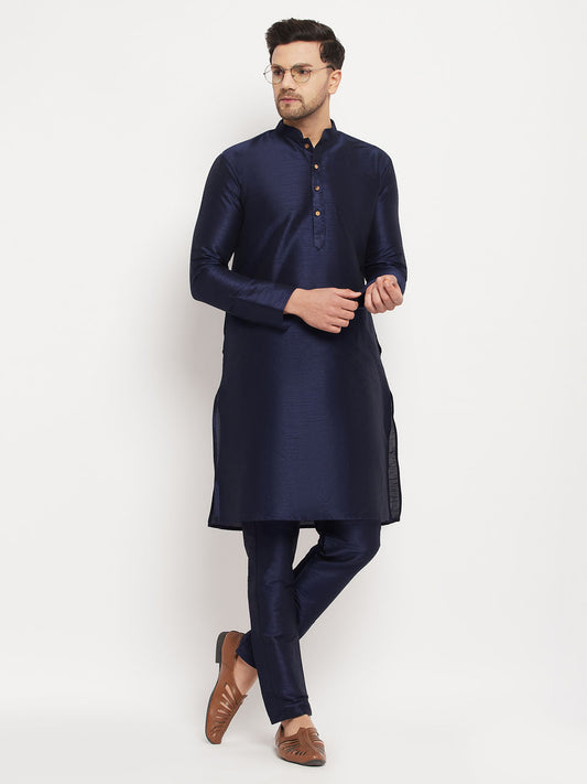 Men's Navy blue Silk Blend Straight Kurta Pyjama Set