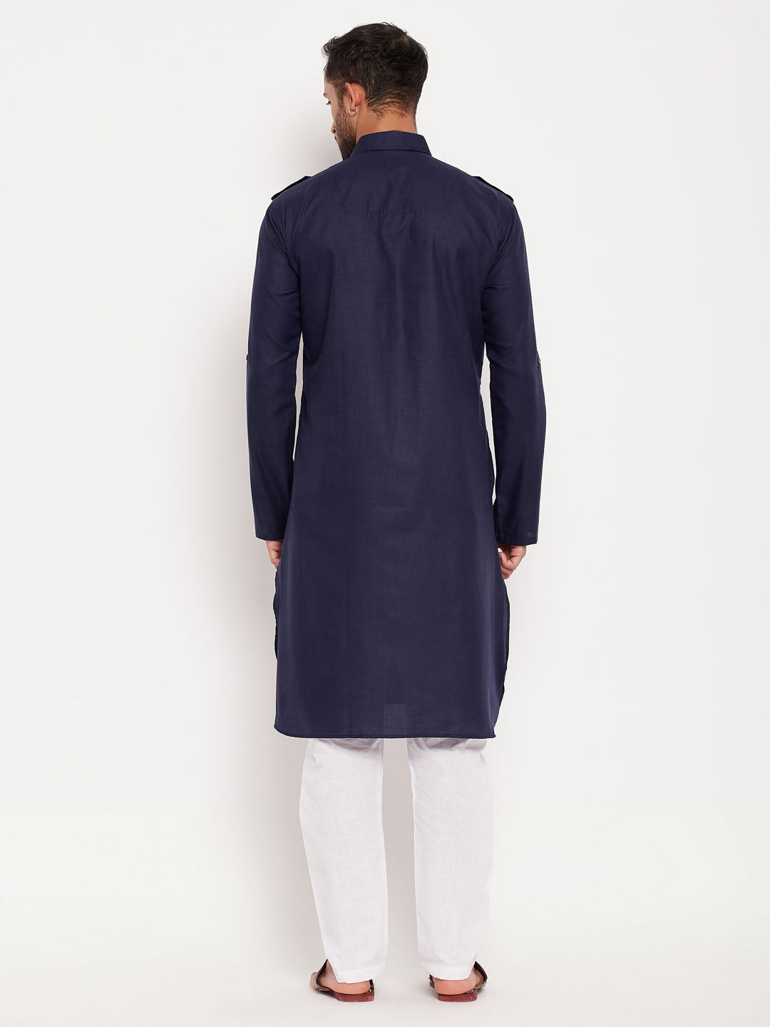 Men's Blue Cotton Blend Pathani Kurta Pyjama Set