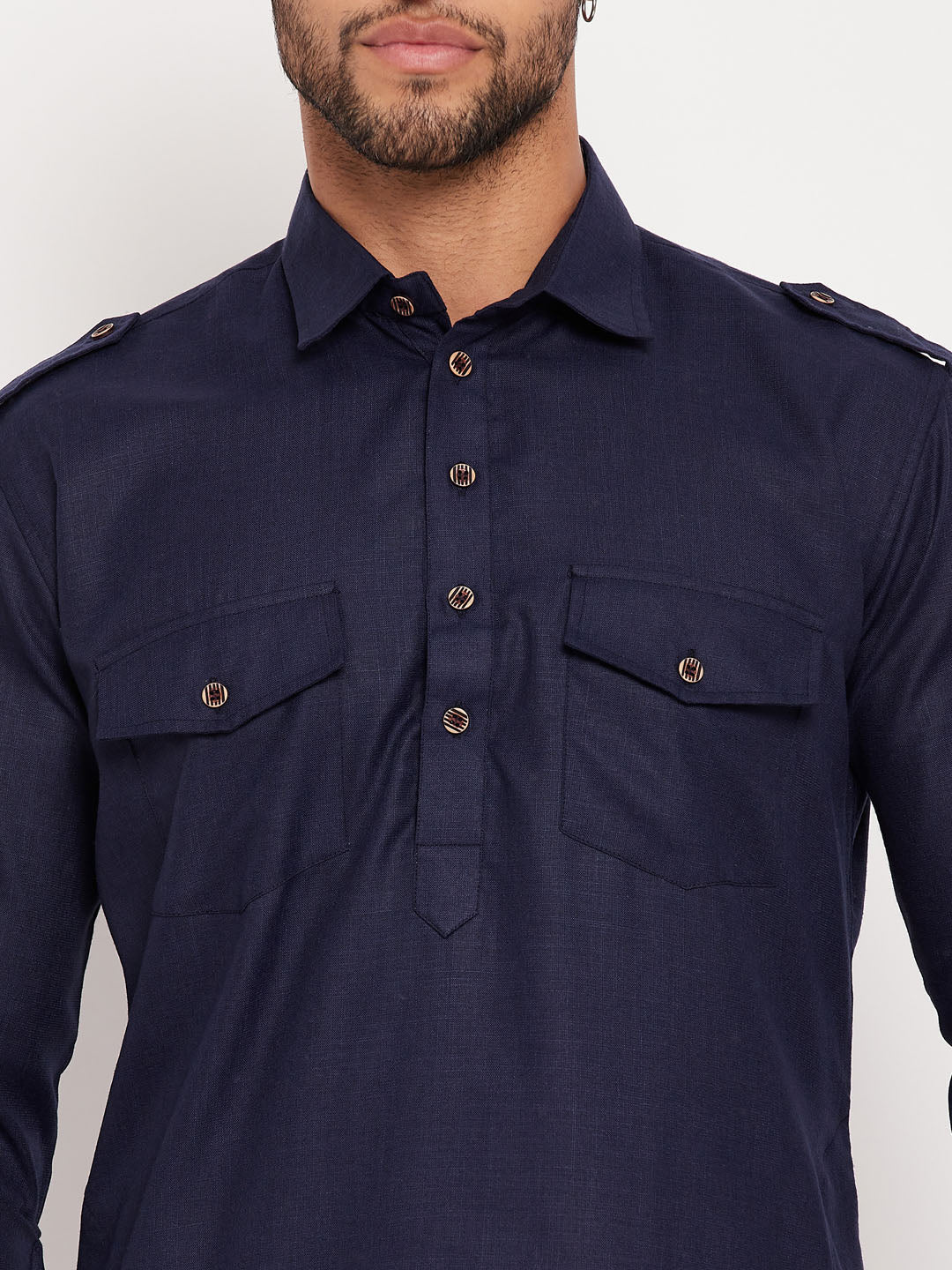 Men's Blue Cotton Blend Pathani Kurta Pyjama Set