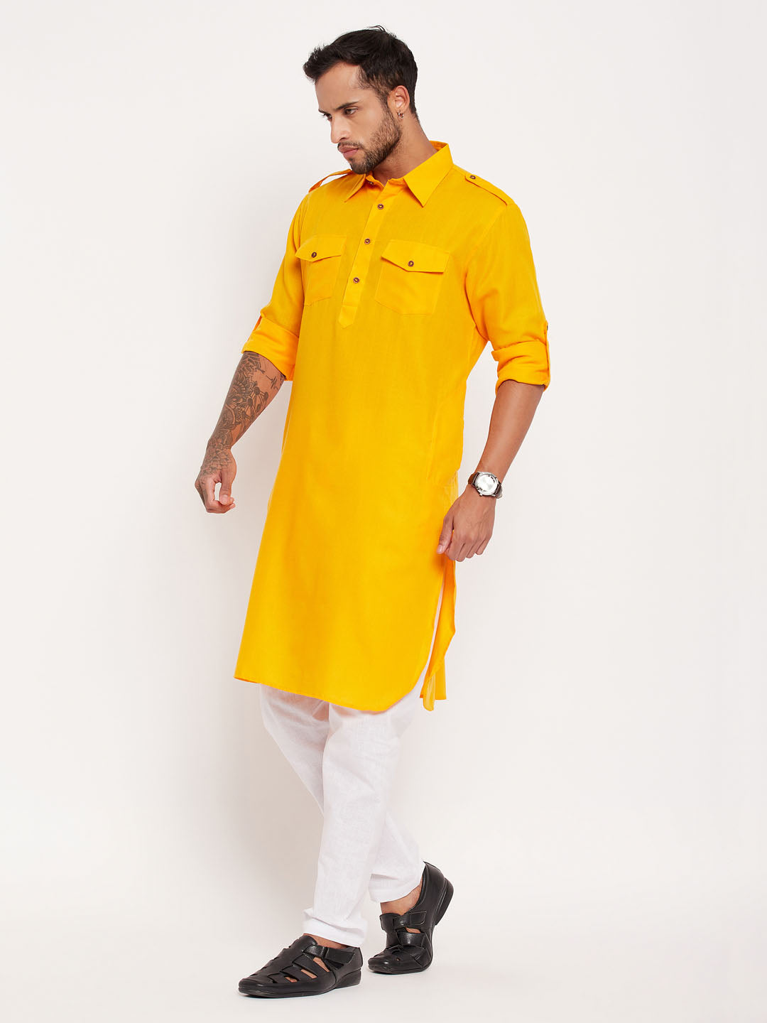 Men's Mustard Cotton Blend Pathani Kurta Pyjama Set
