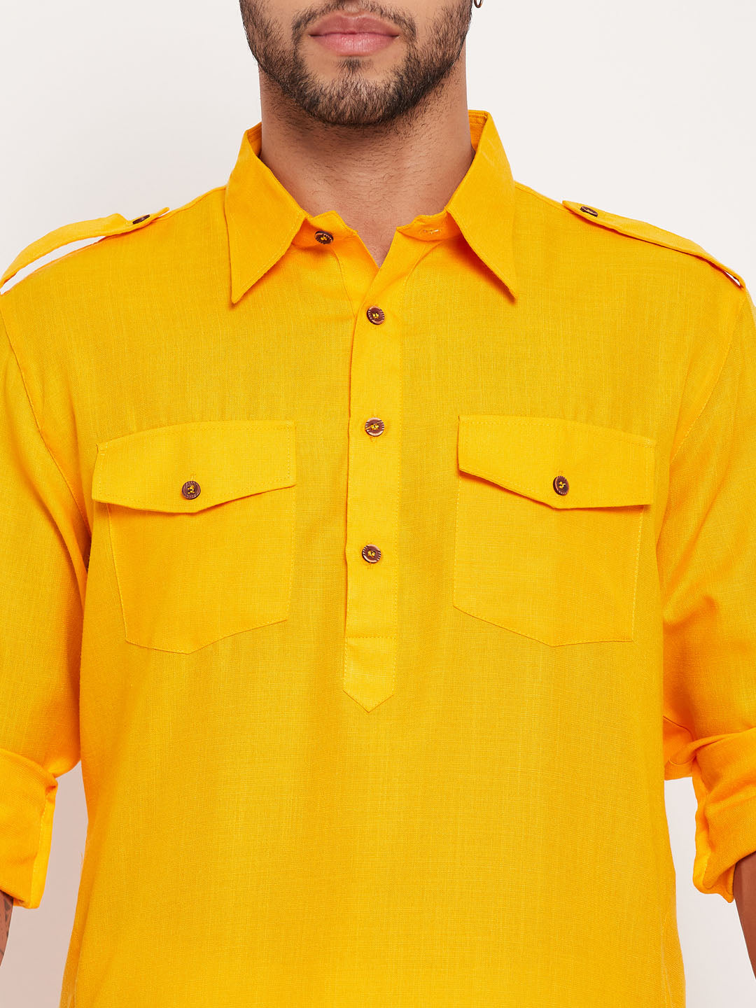 Men's Mustard Cotton Blend Pathani Kurta Pyjama Set