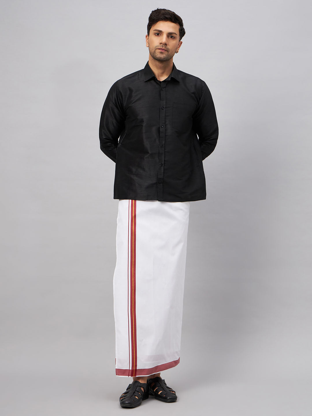 Men's Black Silk Blend Straight Shirt And Mundu