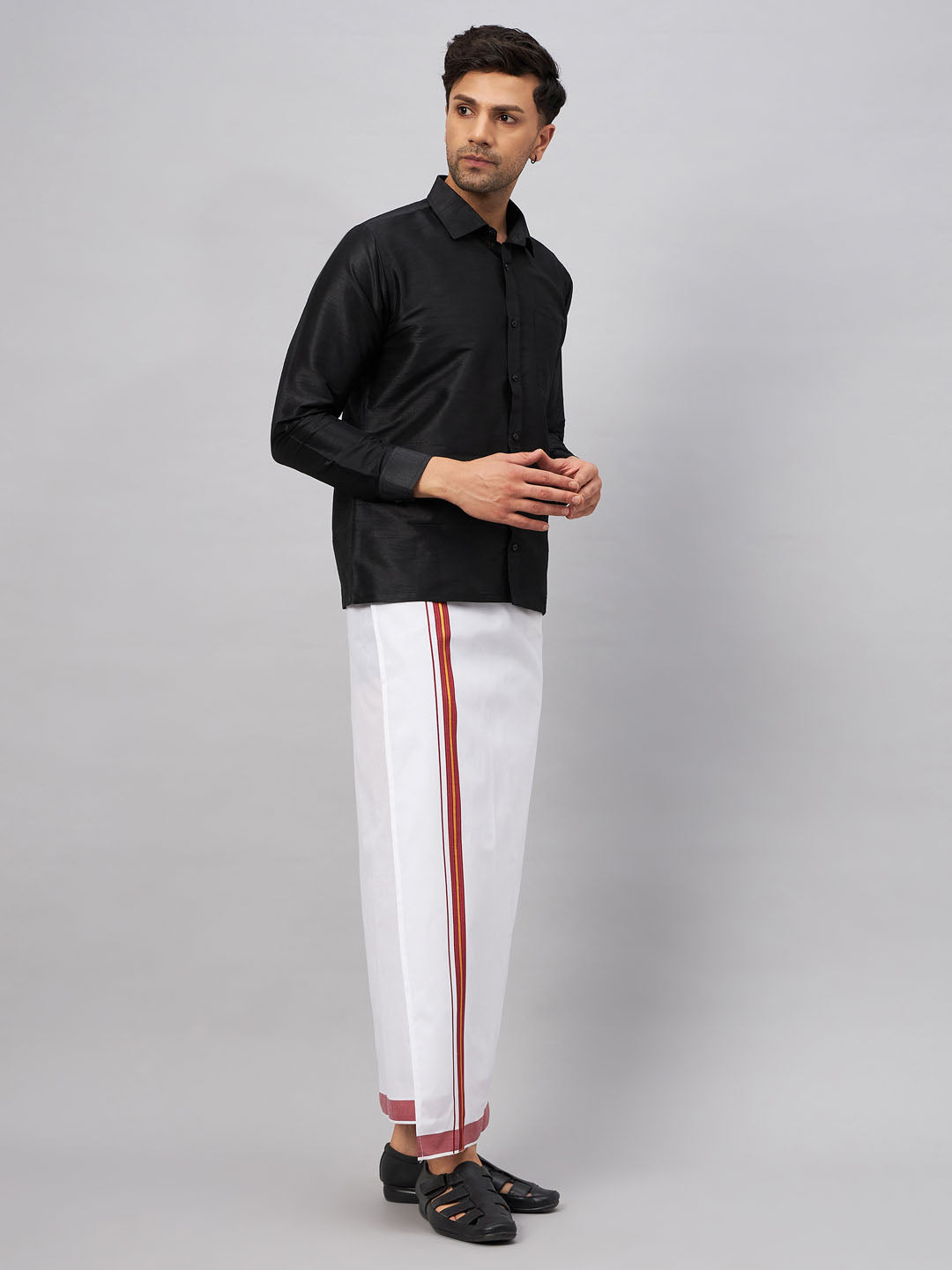 Men's Black Silk Blend Straight Shirt And Mundu