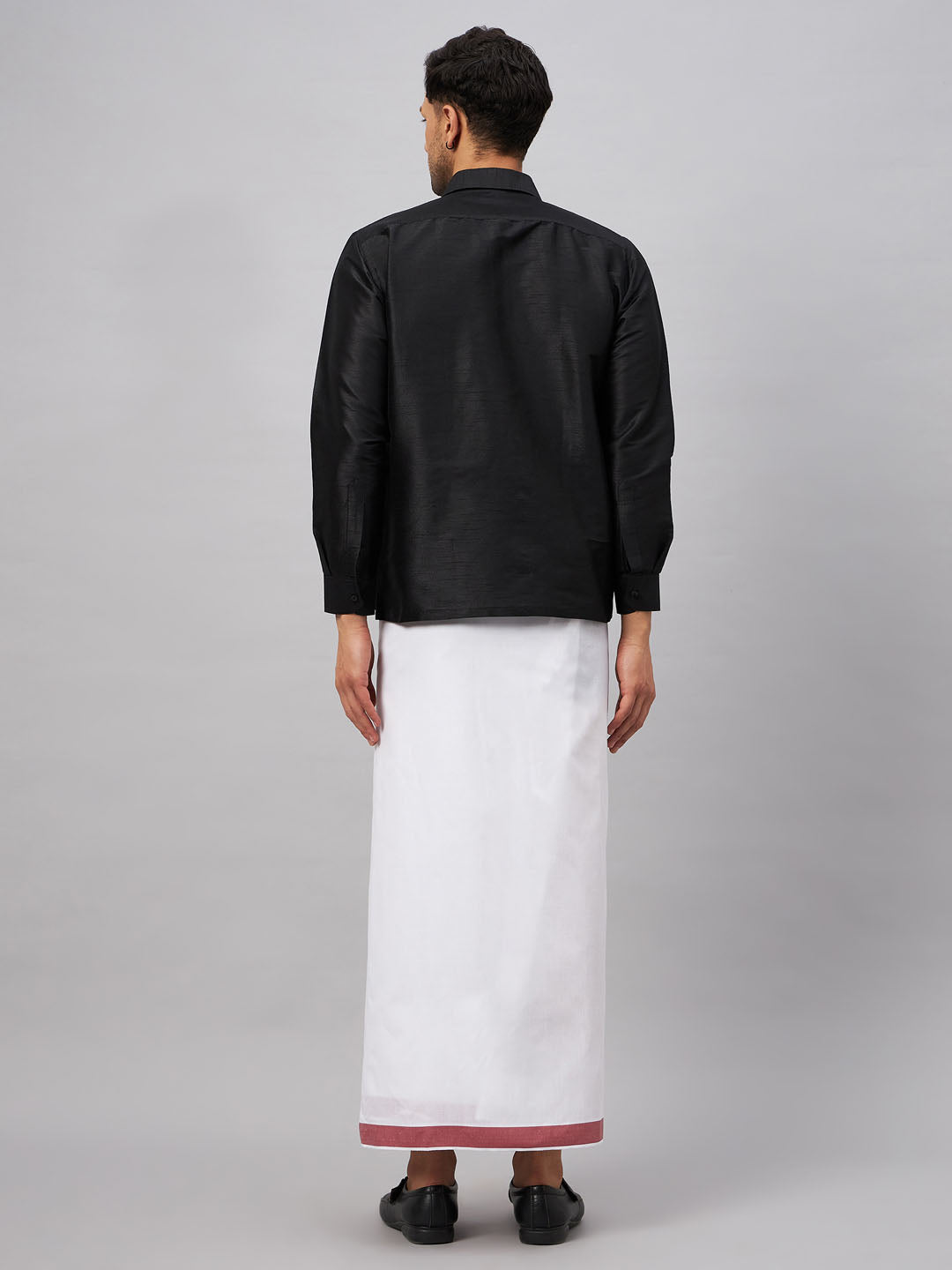 Men's Black Silk Blend Straight Shirt And Mundu