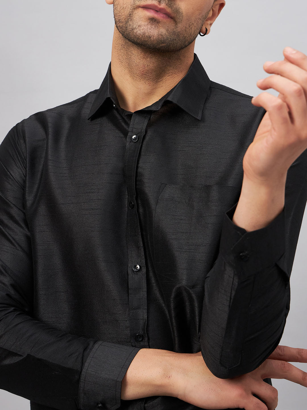 Men's Black Silk Blend Straight Shirt And Mundu