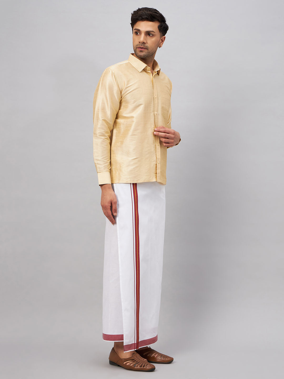 Men's Gold Silk Blend Straight Shirt And Mundu