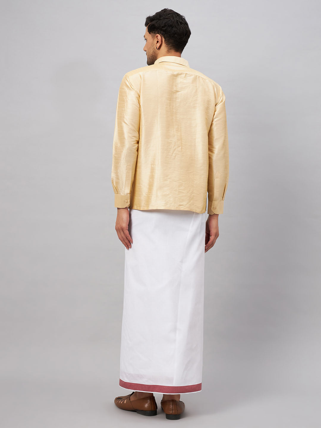 Men's Gold Silk Blend Straight Shirt And Mundu