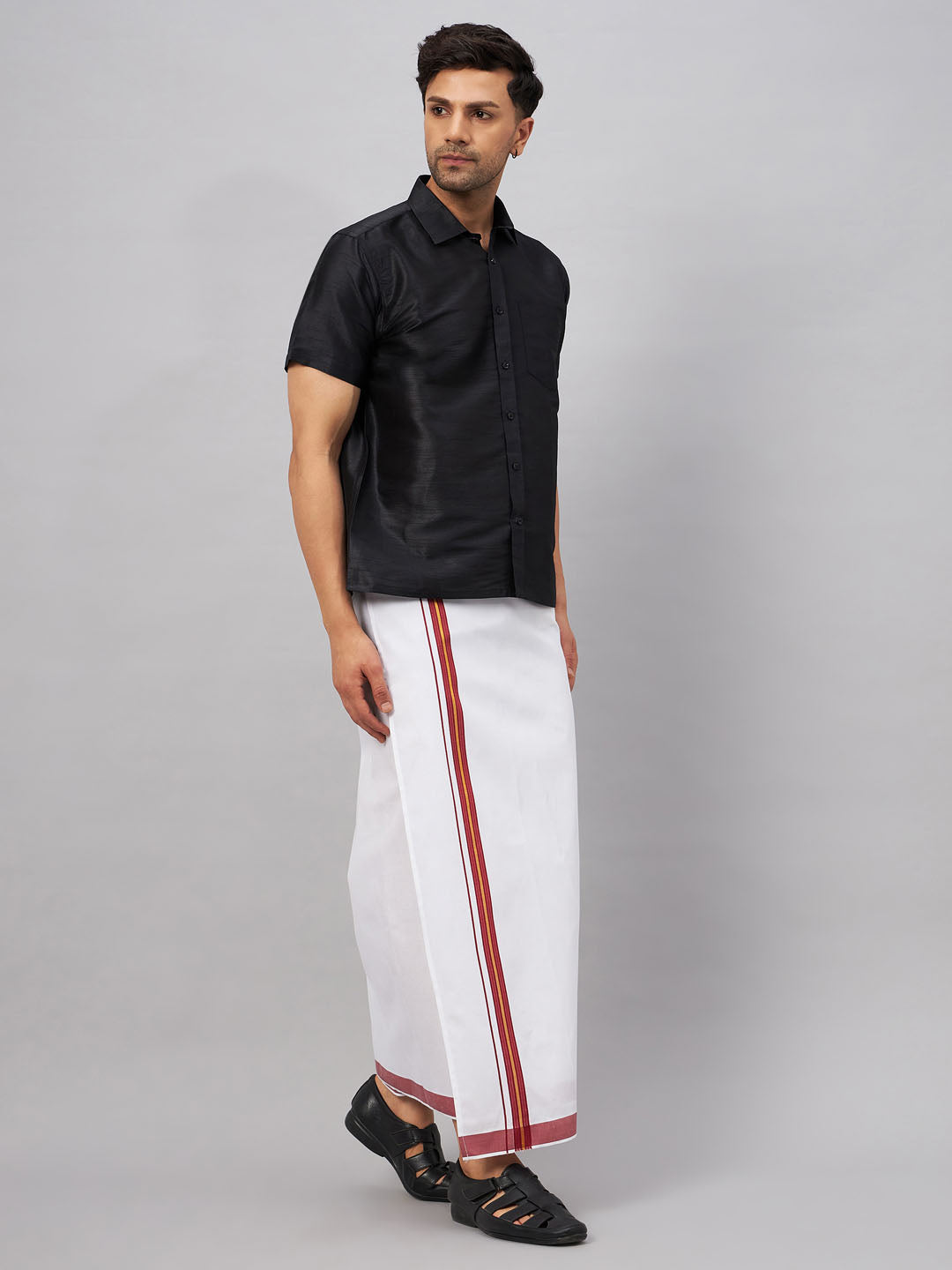 Men's Black Silk Blend Straight Shirt And Mundu