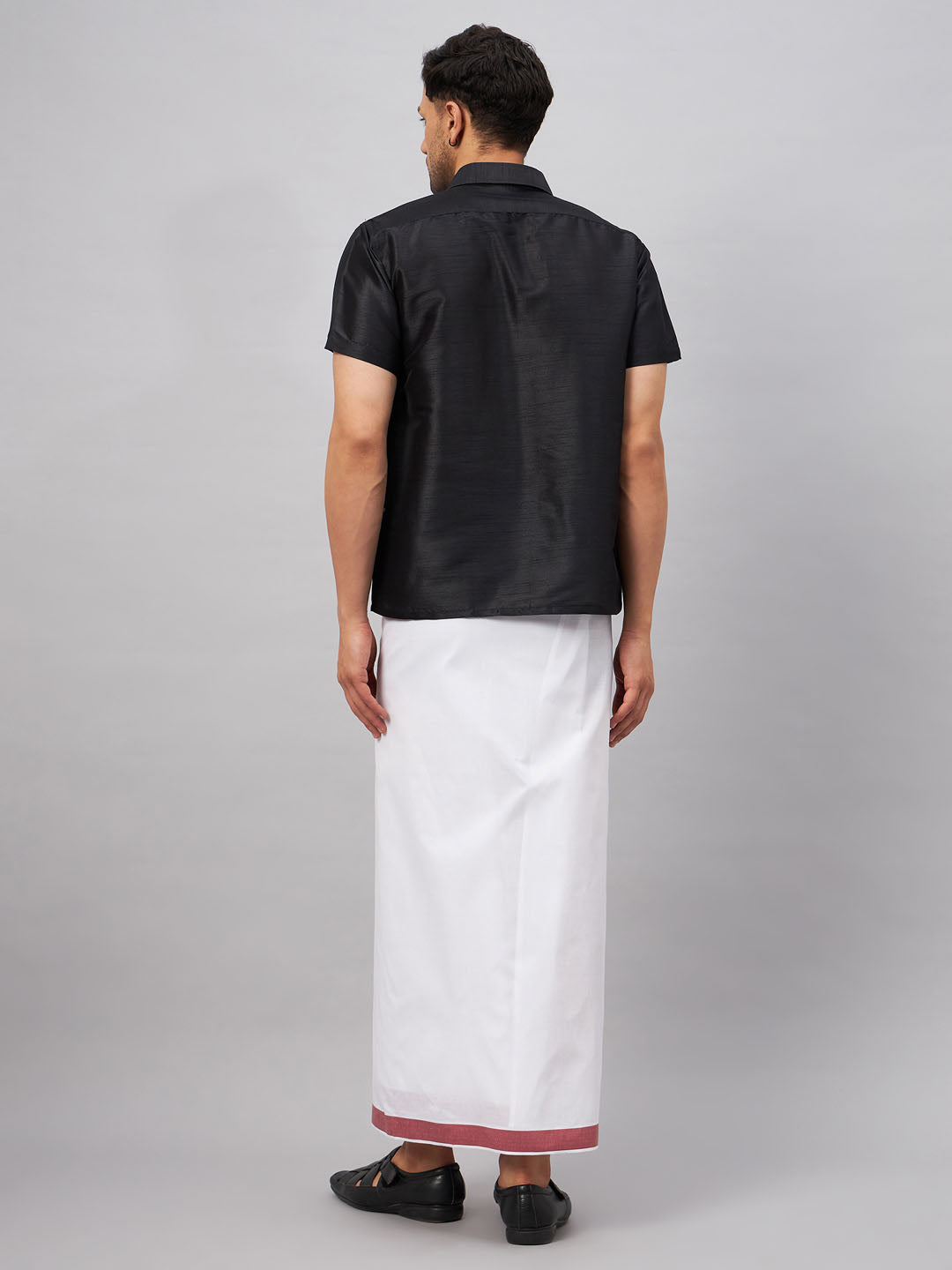 Men's Black Silk Blend Straight Shirt And Mundu
