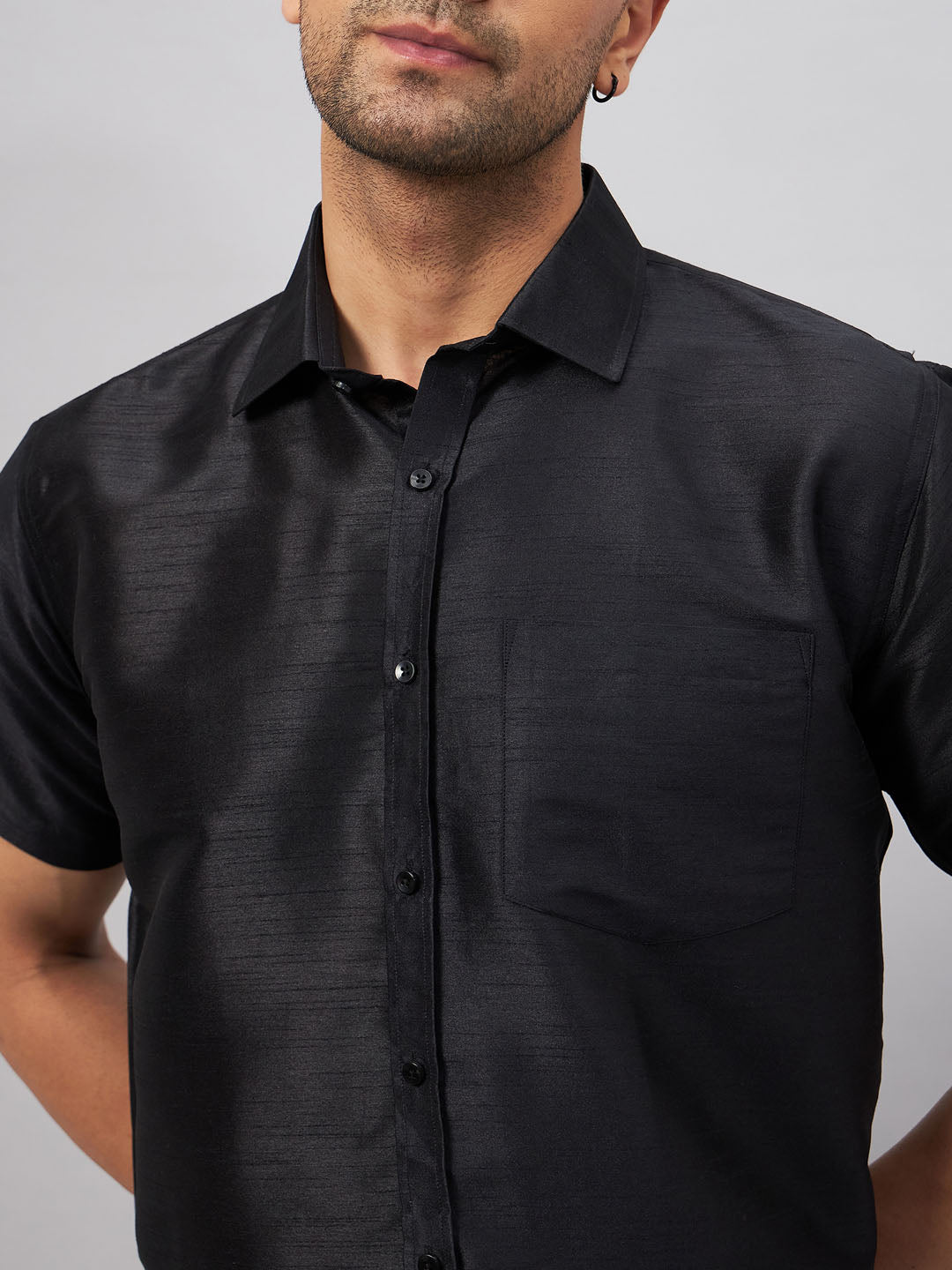 Men's Black Silk Blend Straight Shirt And Mundu