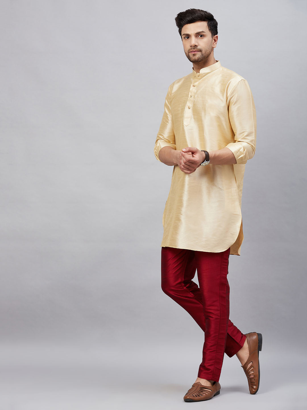 Men's Gold Cotton Blend Pathani Kurta Pyjama Set