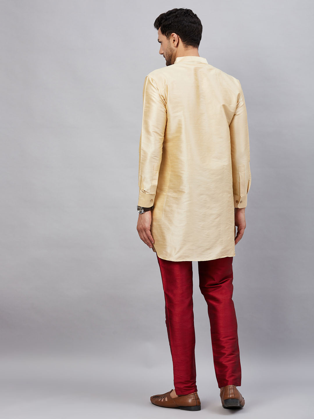 Men's Gold Cotton Blend Pathani Kurta Pyjama Set