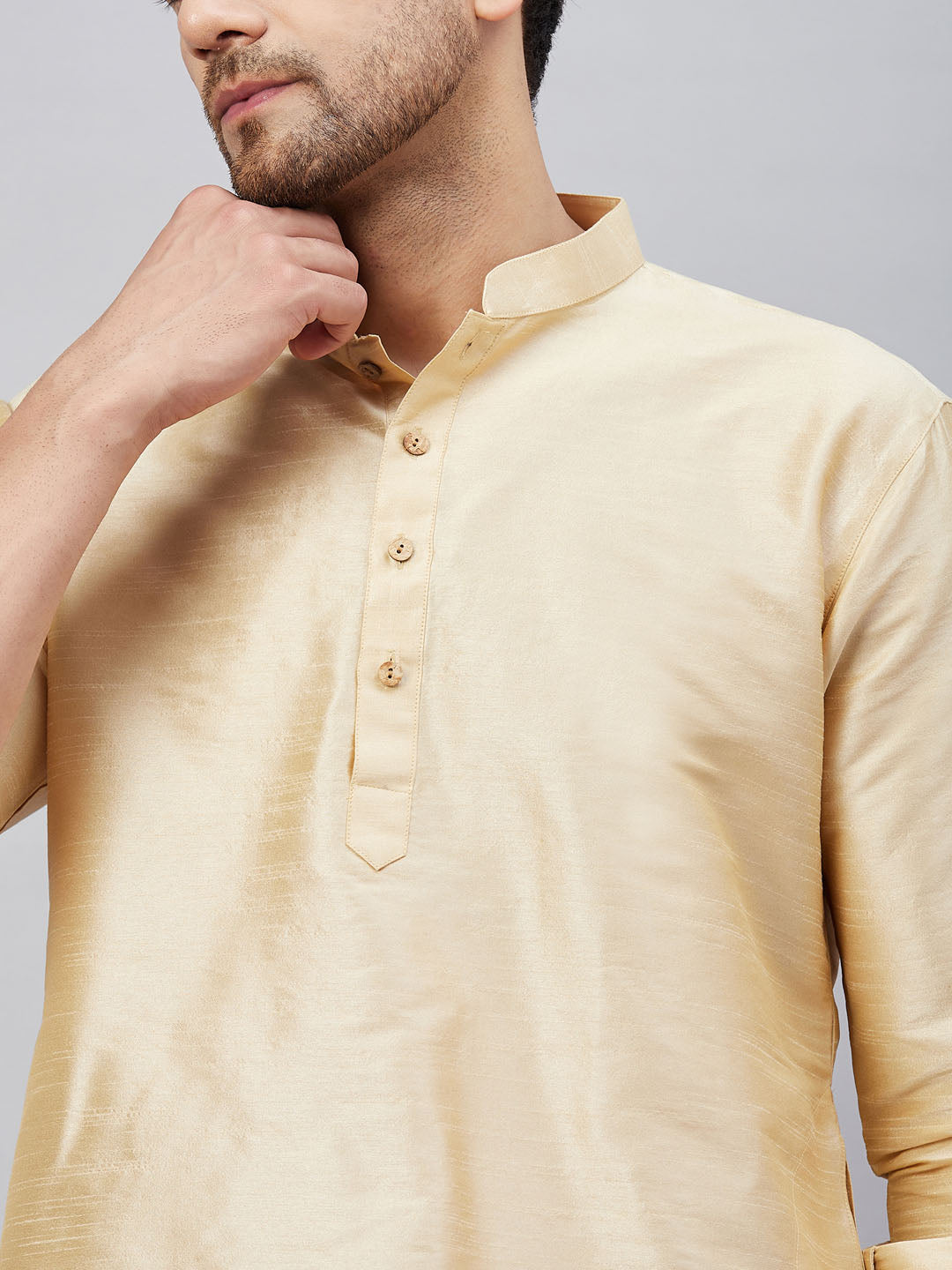 Men's Gold Cotton Blend Pathani Kurta Pyjama Set