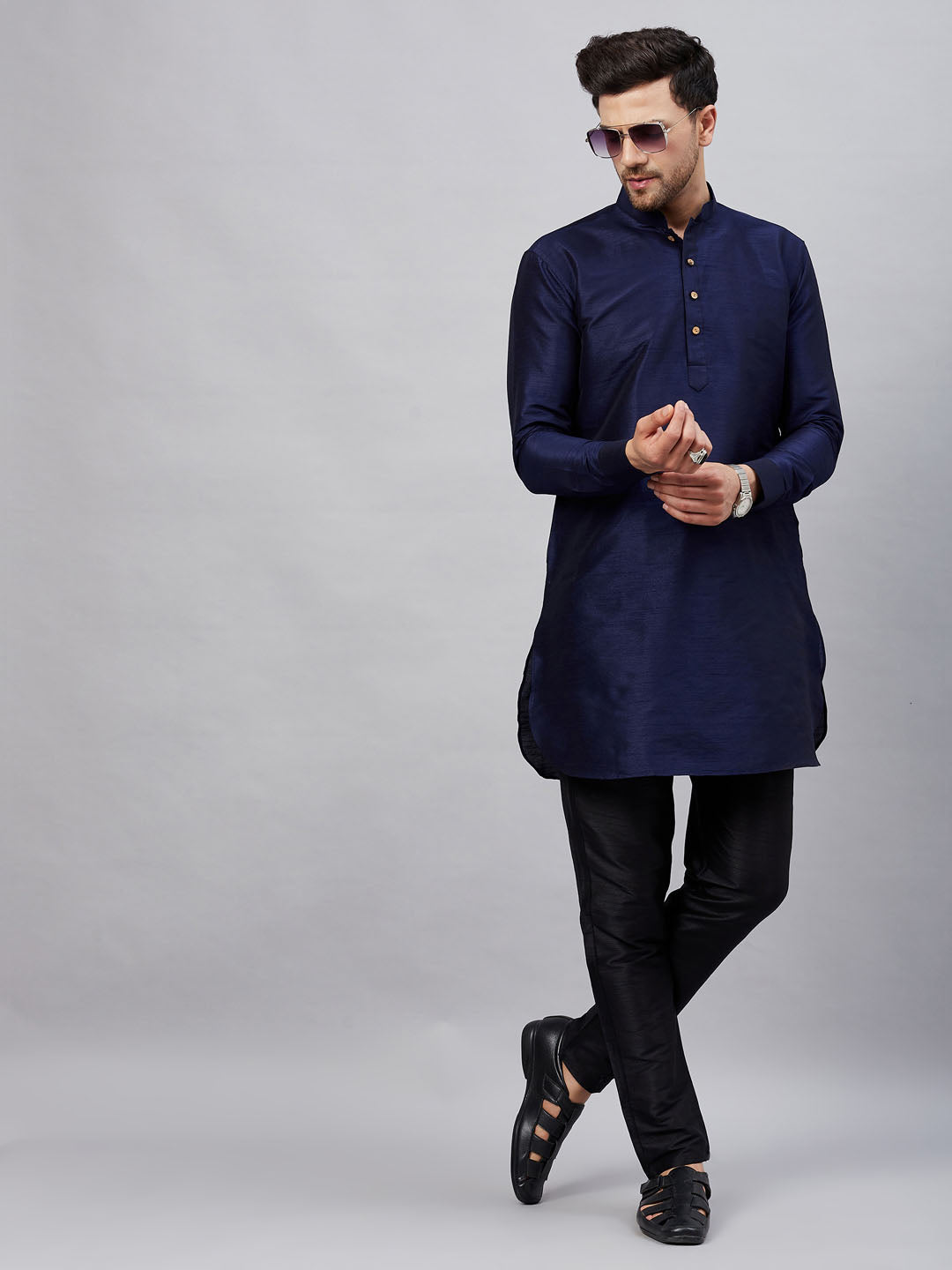 Men's Navy Blue Cotton Blend Pathani Kurta Pyjama Set