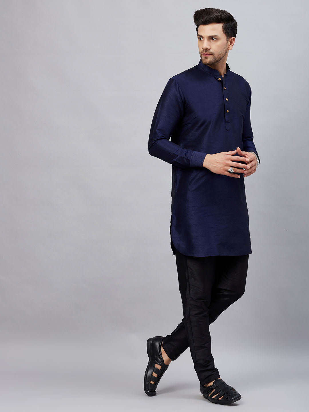 Men's Navy Blue Cotton Blend Pathani Kurta Pyjama Set