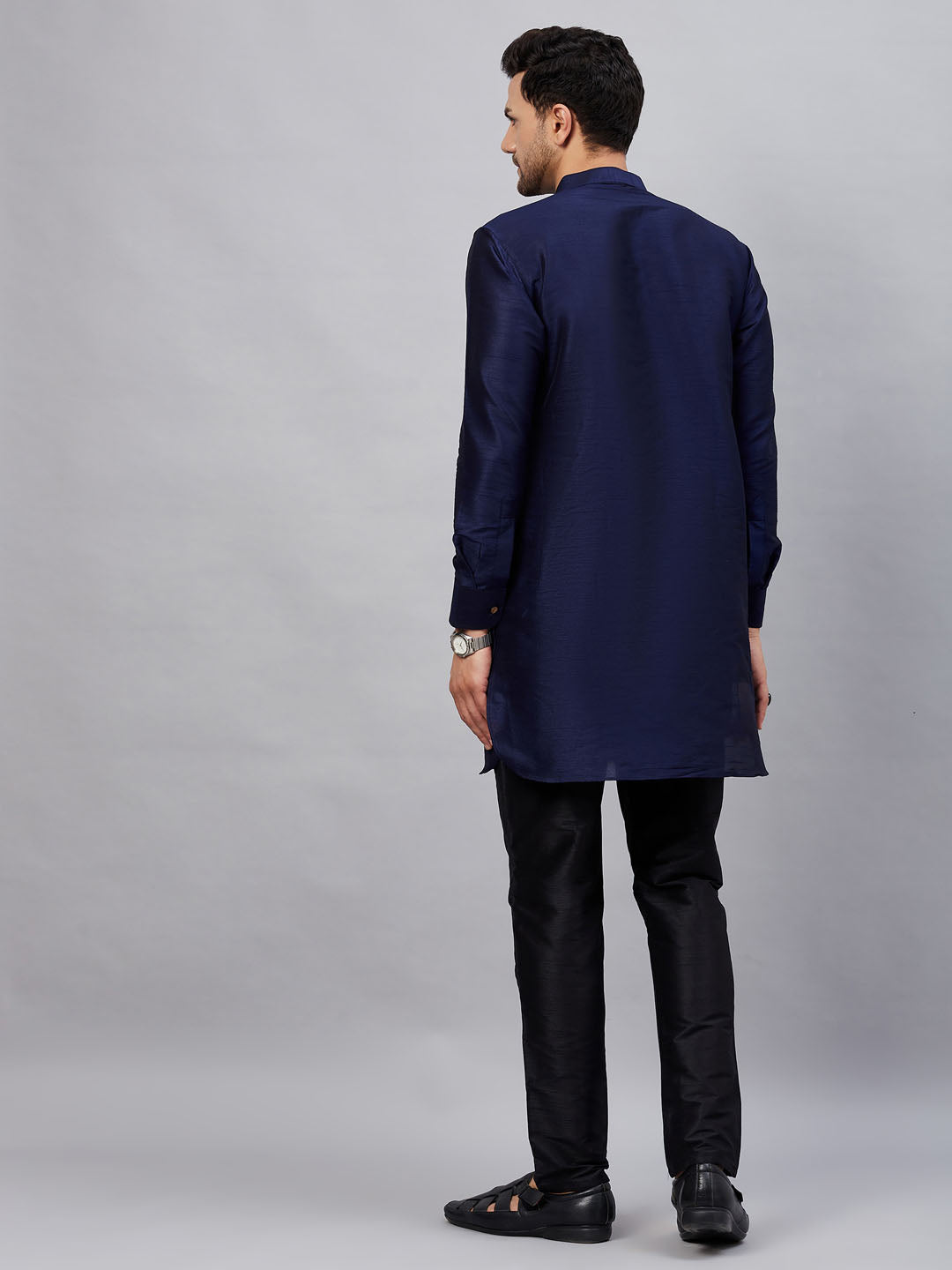 Men's Navy Blue Cotton Blend Pathani Kurta Pyjama Set