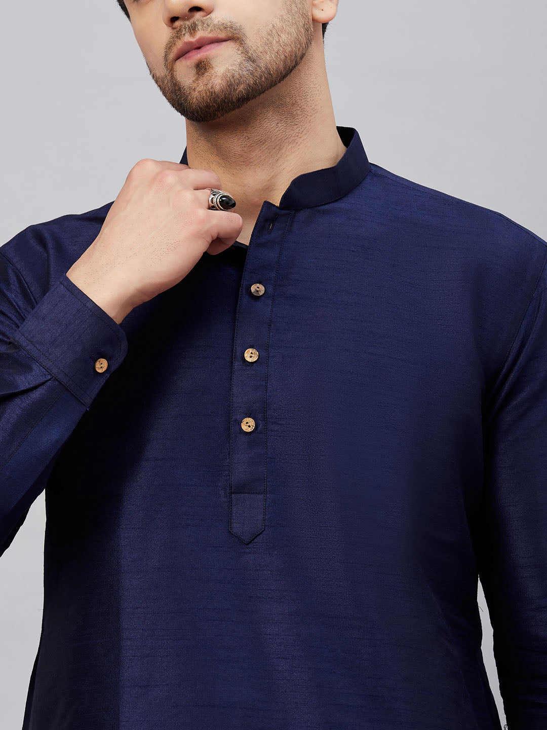 Men's Navy Blue Cotton Blend Pathani Kurta Pyjama Set