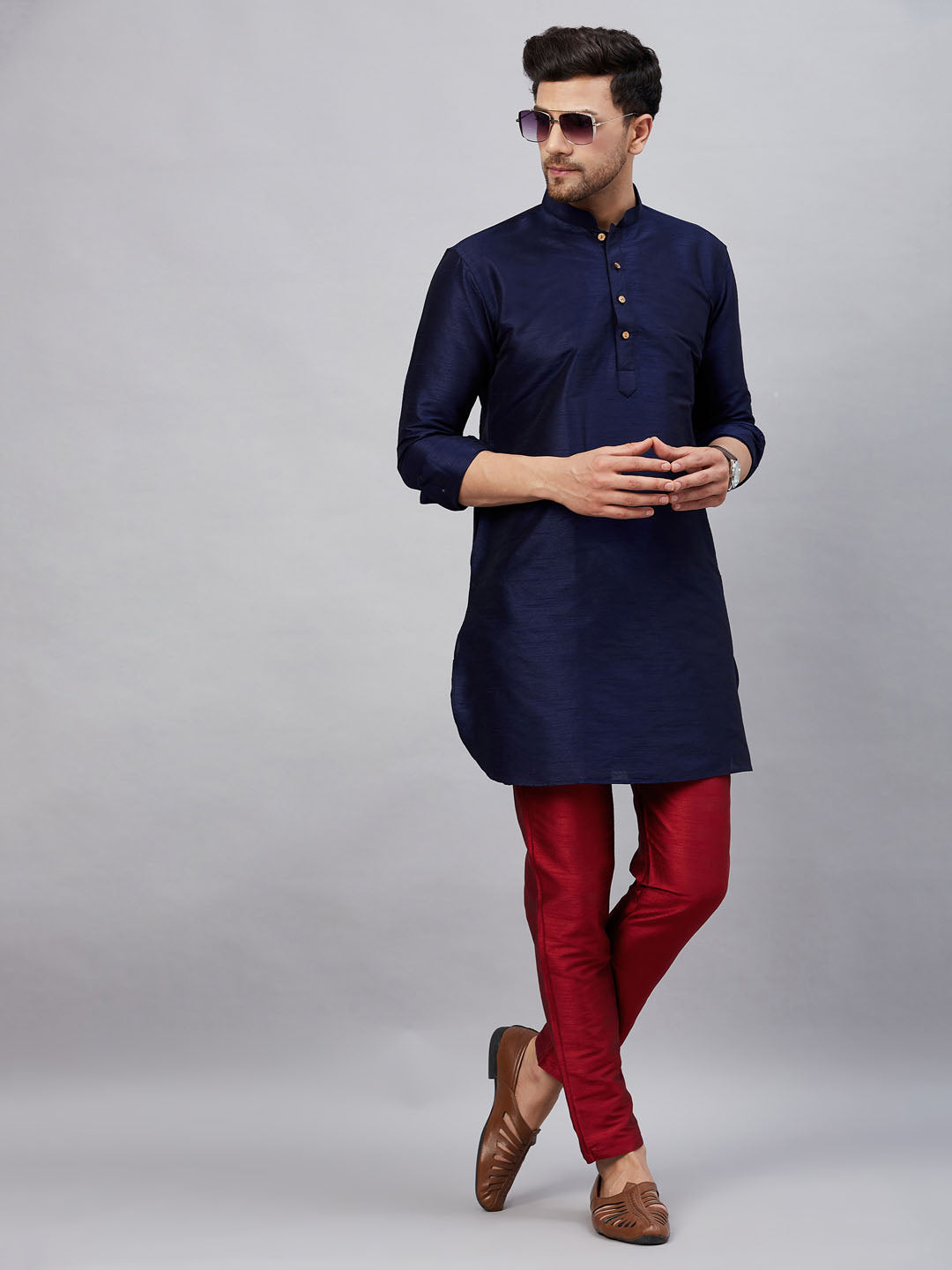 Men's Navy Blue Cotton Blend Pathani Kurta Pyjama Set