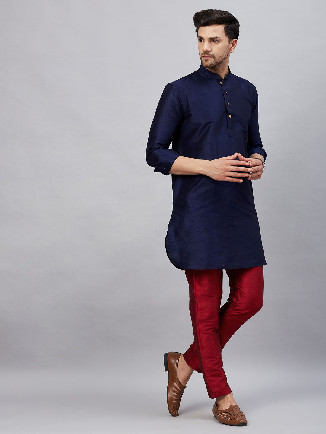Men's Navy Blue Cotton Blend Pathani Kurta Pyjama Set