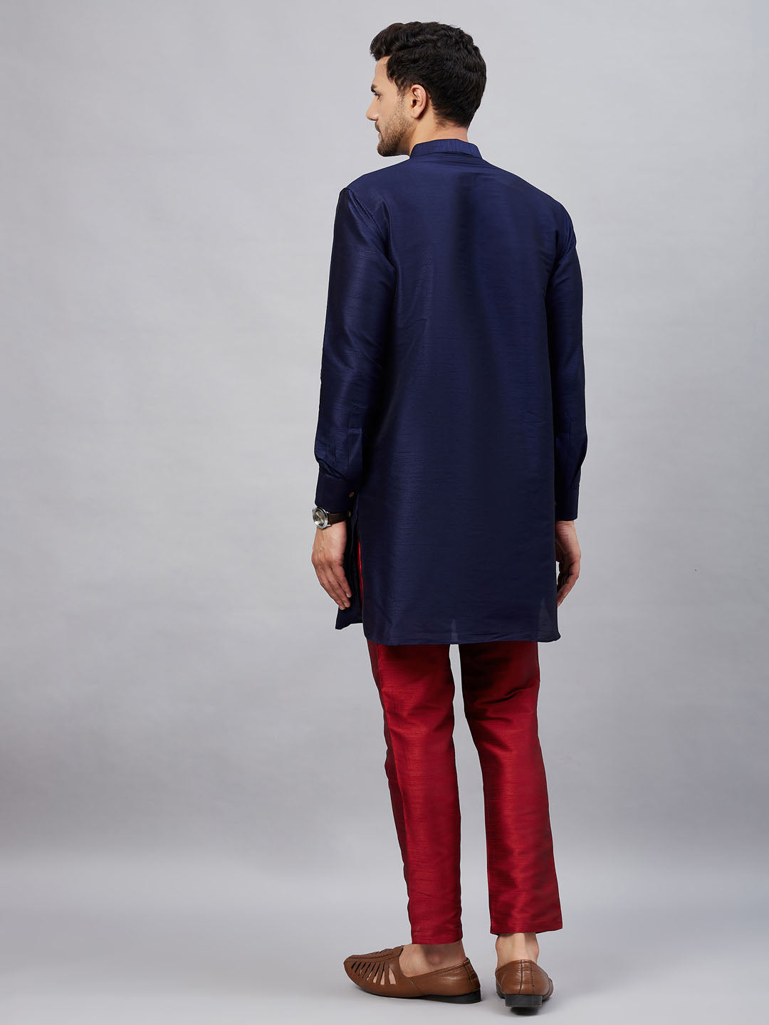 Men's Navy Blue Cotton Blend Pathani Kurta Pyjama Set