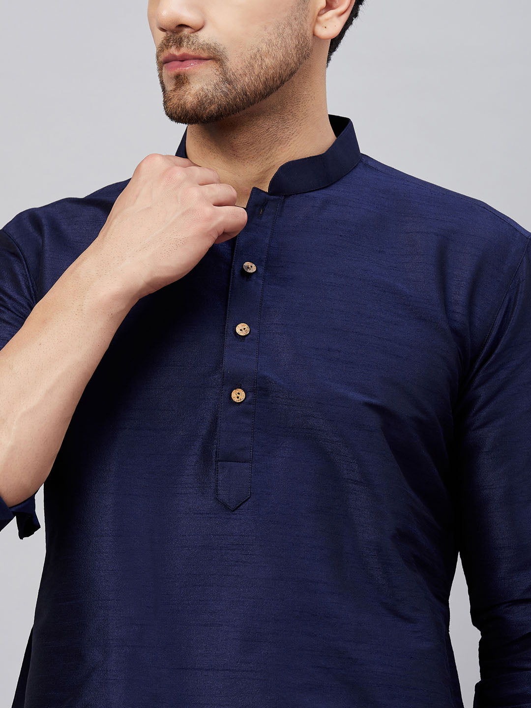 Men's Navy Blue Cotton Blend Pathani Kurta Pyjama Set