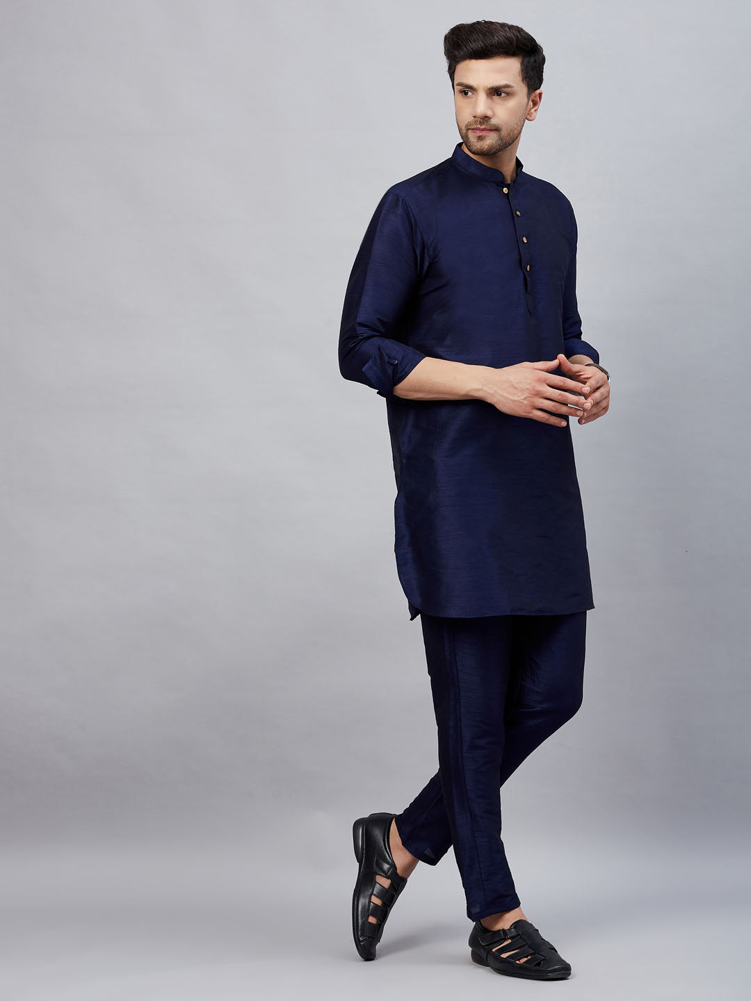 Men's Navy Blue Cotton Blend Pathani Kurta Pyjama Set