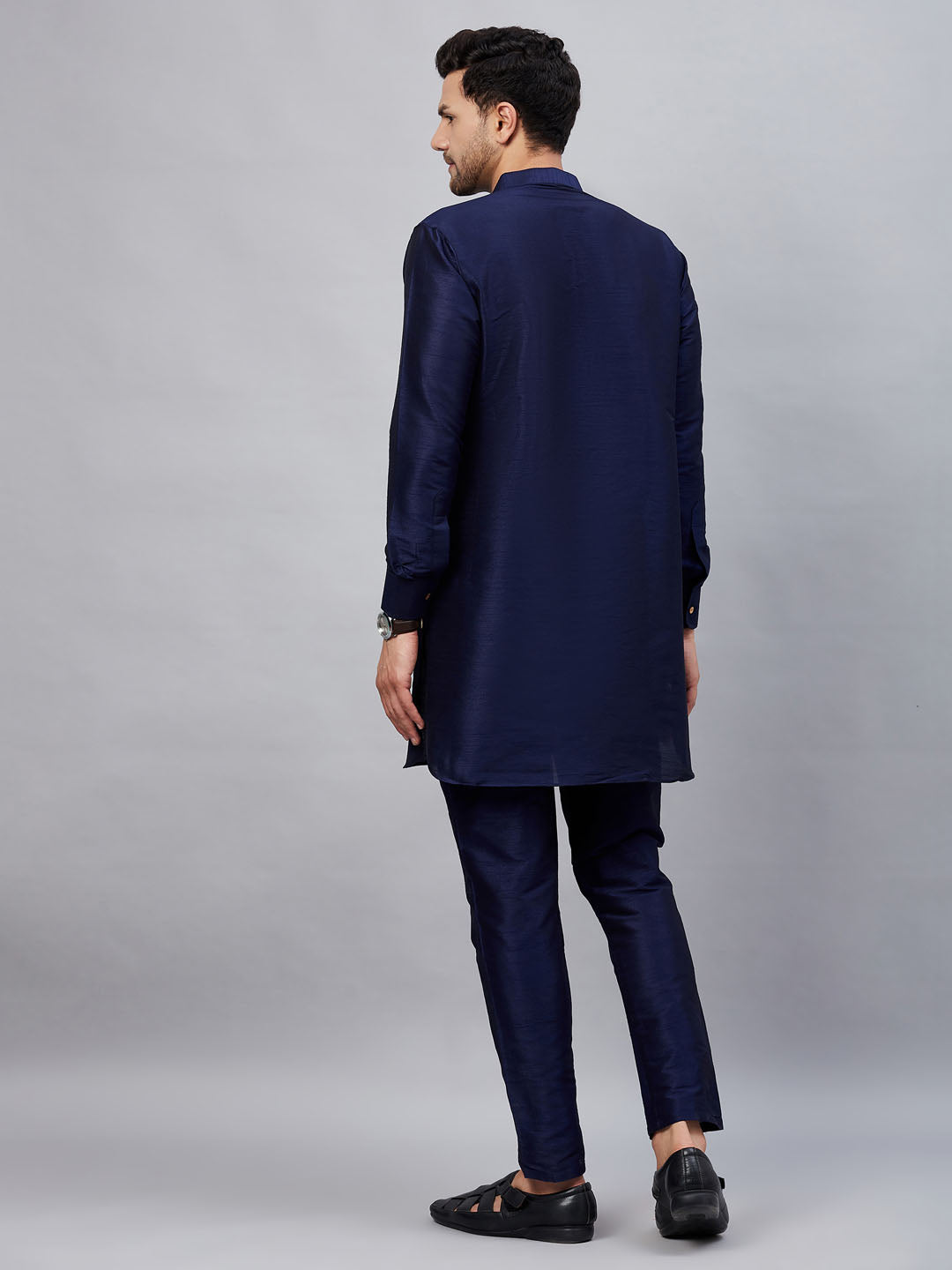 Men's Navy Blue Cotton Blend Pathani Kurta Pyjama Set