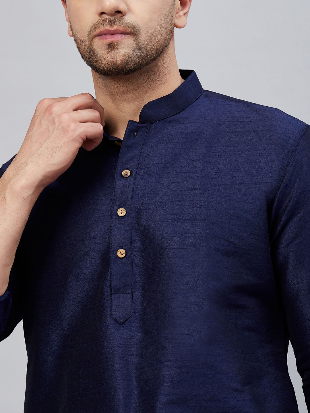 Men's Navy Blue Cotton Blend Pathani Kurta Pyjama Set