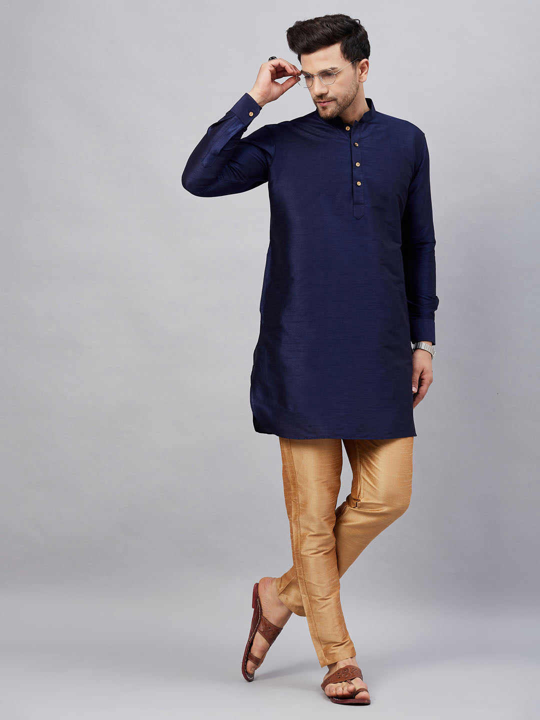 Men's Navy Blue Cotton Blend Pathani Kurta Pyjama Set
